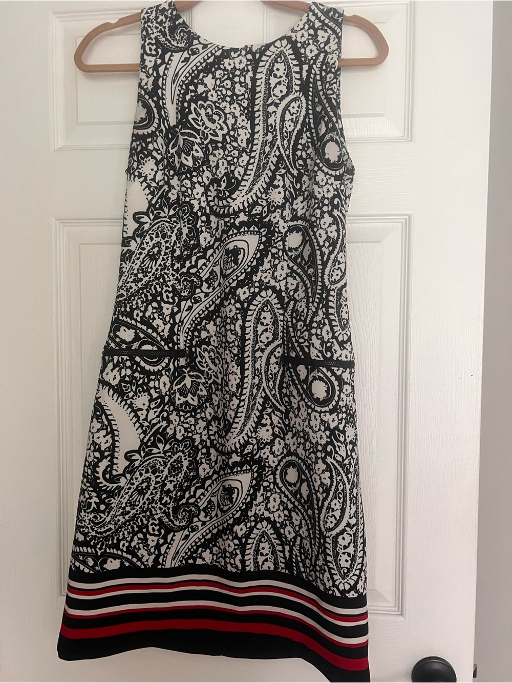 Black & White Paisley A-Line Dress with Red Stripe Hem